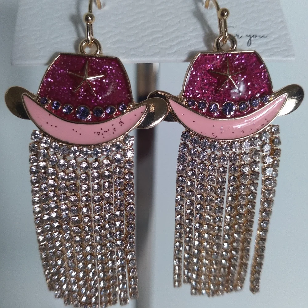 Pink and Gold Cowgirl Hat Earrings - Picture 4 of 5